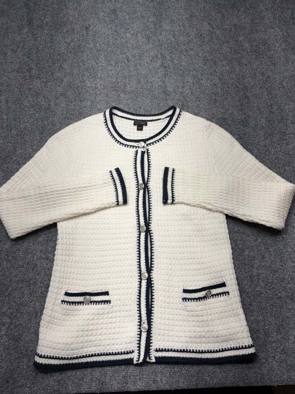 J.Jill Wearever Collection White Contrast Trim Textured Knit Cardigan Sweater XS